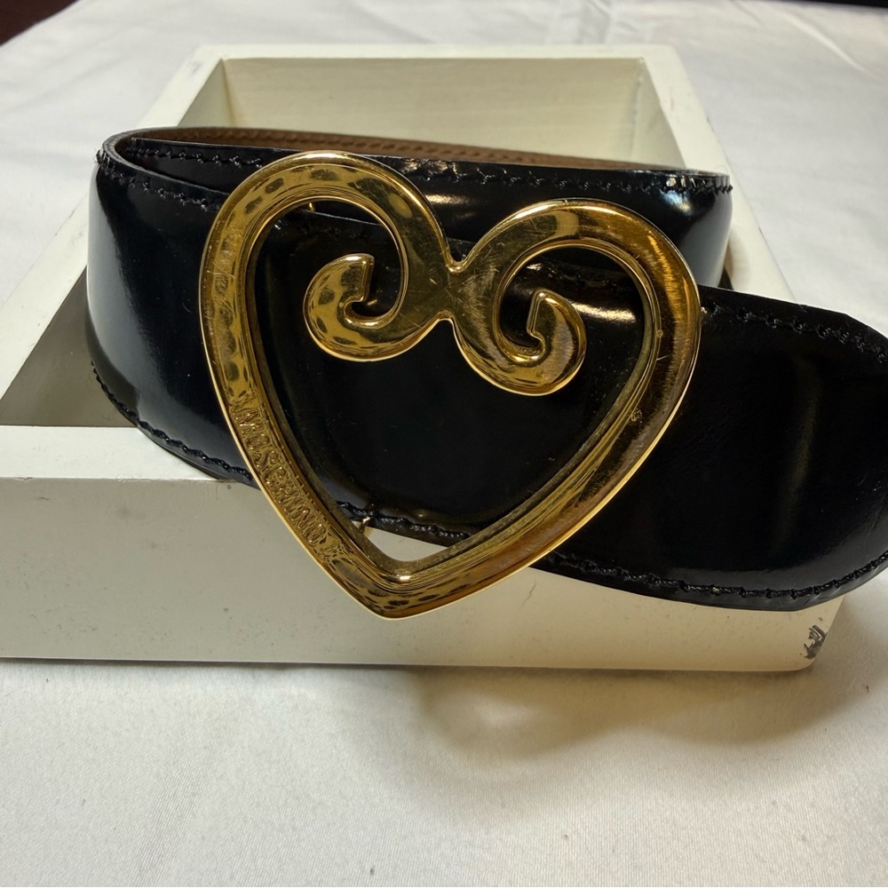 Moschino Black Leather Belt with heart buckle